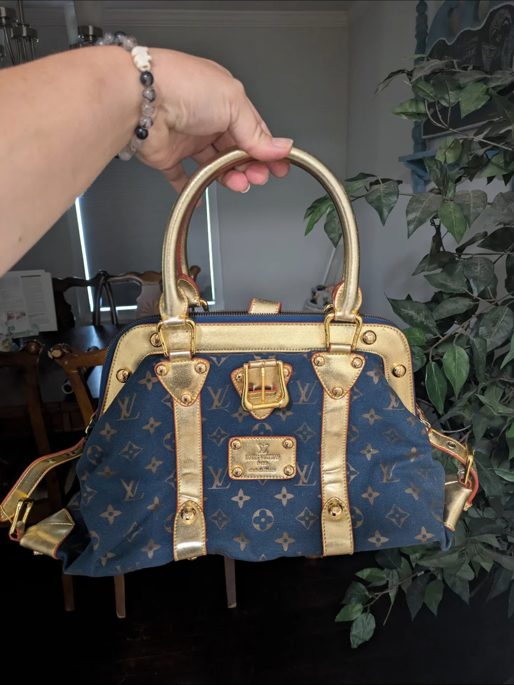 Louis Vuitton Navy Monogram Canvas Satchels And with Gold Leather Trim